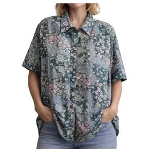 Vtg Stunt Collections Womens 100% Silk Blouse Sz Large Dark Floral Y2K 90s Shirt
